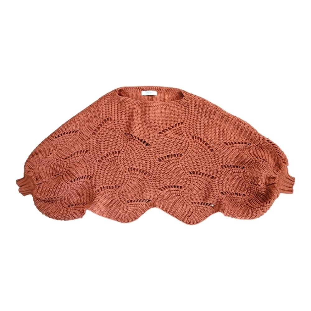 Elodie Rust Burnt Orange Loose Knit Scalloped Crop Scrug Poncho Sweater Small